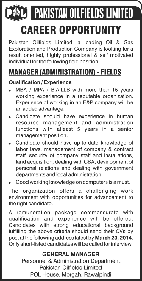 Pakistan Oilfields Limited Jobs 2014 March for Manager Administration