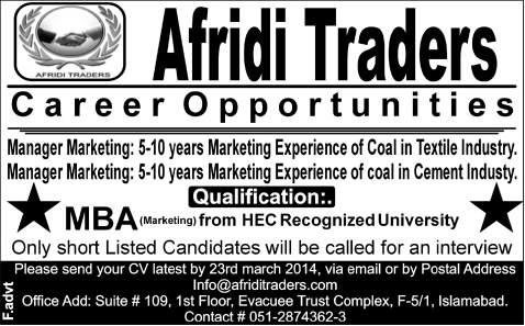 Marketing Manager Jobs in Islamabad 2014 March at Afridi Traders