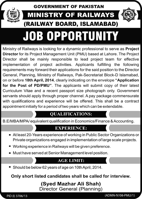 Ministry of Railways PMU Jobs 2014 March for Project Director