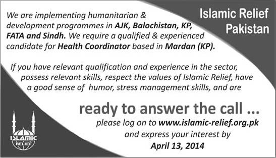 Islamic Relief Pakistan Jobs 2014 March / April for Health Coordinator