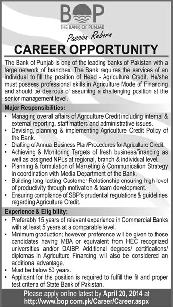 Bank of Punjab Jobs 2014 April for Head - Agriculture Credit