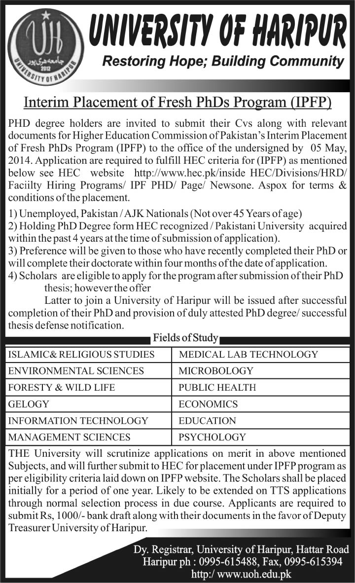 Interim Placement of Fresh PhDs Program (IPFP) Jobs 2014 April for University of Haripur KPK