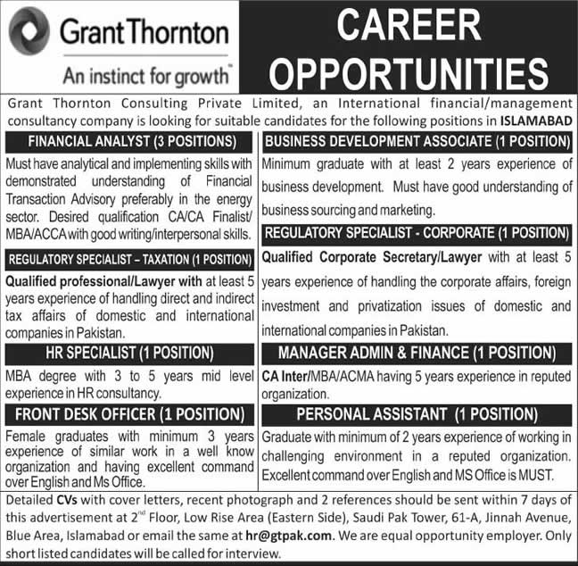 Grant Thornton Consulting Islamabad Jobs 2014 April
