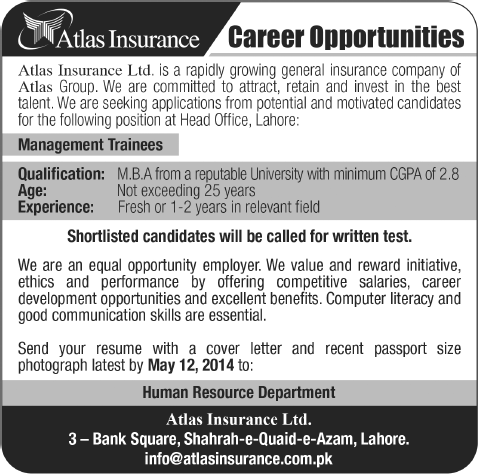 Atlas Insurance Management Trainees Jobs 2014 April Lahore