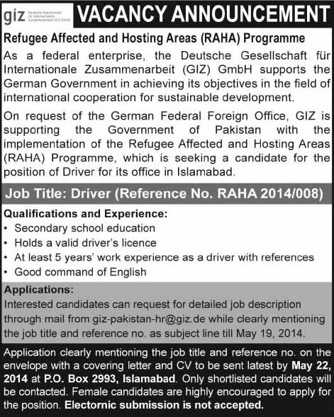 Driver Jobs in Islamabad 2014 May at GIZ Pakistan