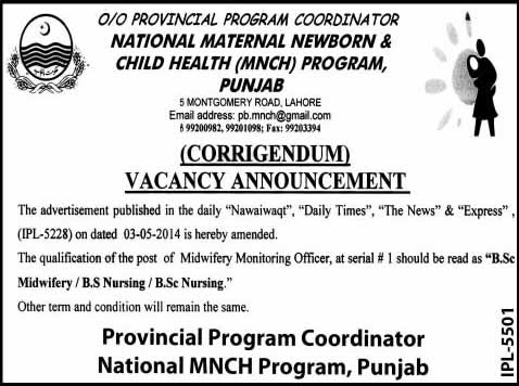 Corrigendum: National MNCH Program Punjab Jobs May 2014