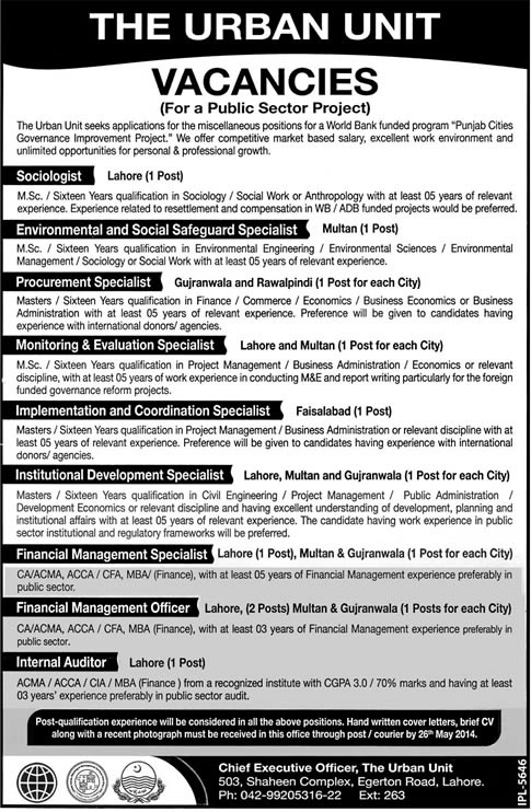 The Urban Unit Jobs 2014 May for Punjab Cities Governance Improvement Project