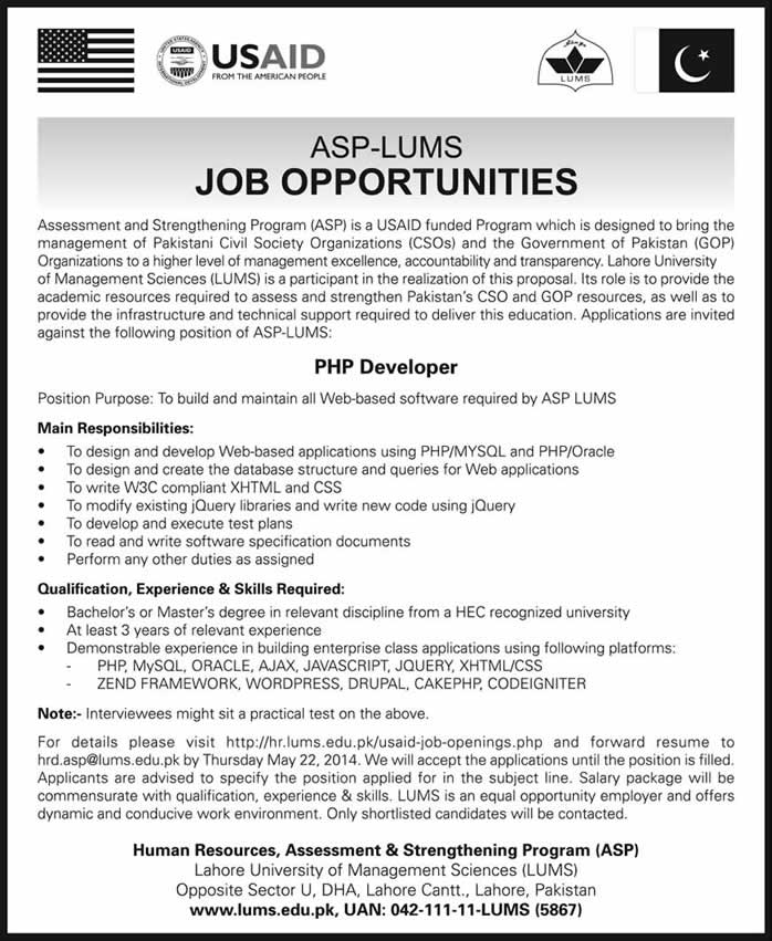 USAID Pakistan Jobs 2014 May for PHP Developer for ASP-LUMS Program