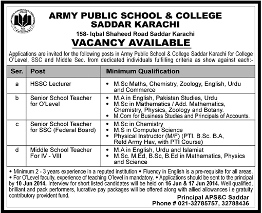 Army Public School & College Saddar Karachi Jobs 2014 June for Teaching Faculty