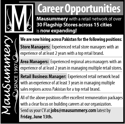 Mausummery Jobs 2014 June for Store / Area / Retail Business Managers