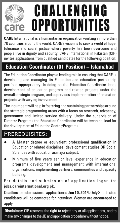 Care International Islamabad Jobs 2014 June for Education Coordinator