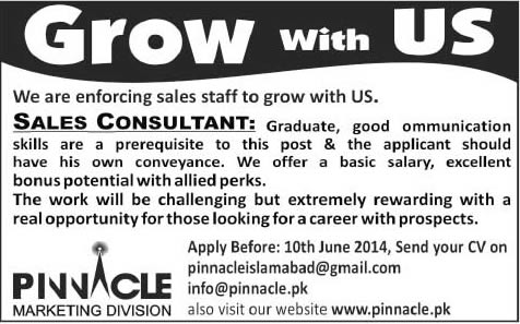 Sales & Marketing Jobs in Islamabad 2014 June at Pinnacle Marketing Division