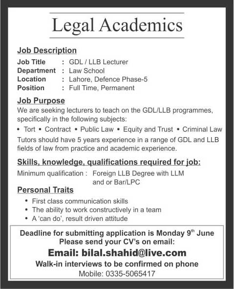 Law Lecturer Jobs in Lahore 2014 June for a Law School