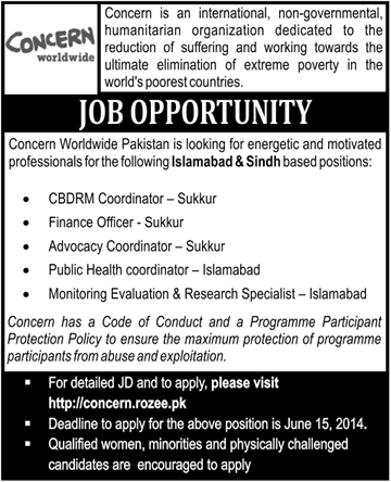 Concern Worldwide Pakistan Jobs 2014 June for Finance Officer / Advocacy Coordinator & Others