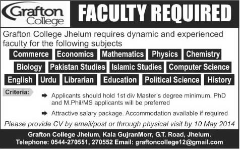Grafton College Jhelum Campus Jobs 2014 June for Teaching Faculty