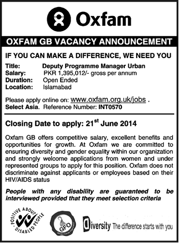 Oxfam GB Islamabad Jobs 2014 June for Deputy Programme Manager Urban