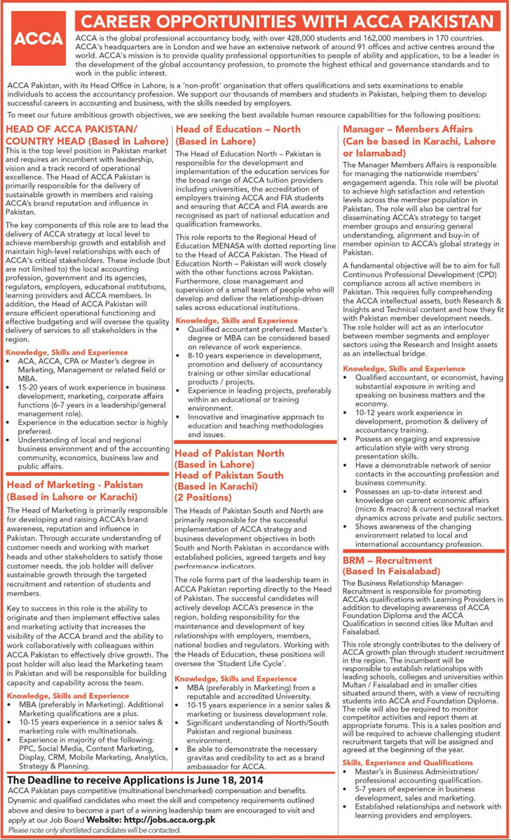 Association of Chartered Certified Accountants (ACCA) Pakistan Jobs 2014 June