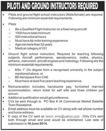 Pilots / Flight Instructor Jobs in Rawalpindi 2014 June Po Box 34