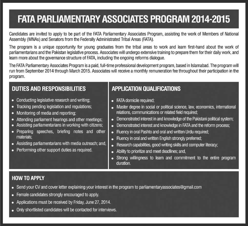 FATA Parliamentary Associates Program 2014-2015 Latest Advertisement