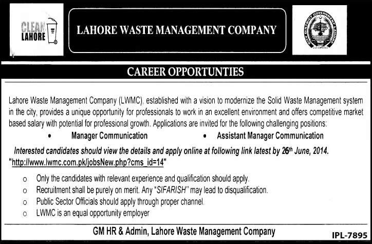 Lahore Waste Management Company Jobs 2014 June LWMC for Communication Managers