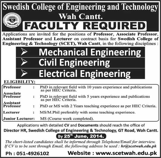 Swedish College of Engineering & Technology Wah Cantt Jobs 2014 June for Teaching Faculty