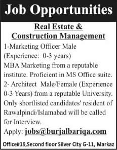 Architect & Marketing Officer Jobs in Islamabad 2014 June at a Real Estate & Construction Management Company