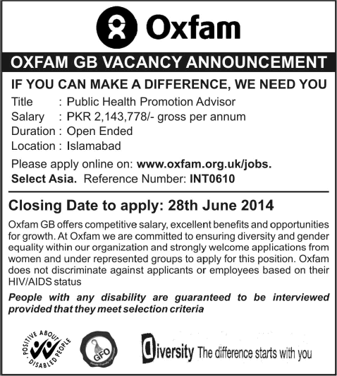 Oxfam Pakistan Jobs 2014 June in Islamabad Latest for Public Health Promotion Advisor