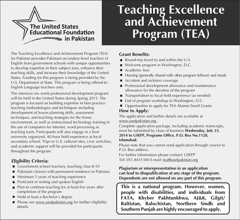 Teaching Excellence and Achievement Program TEA 2014 USEFP Latest Advertisement