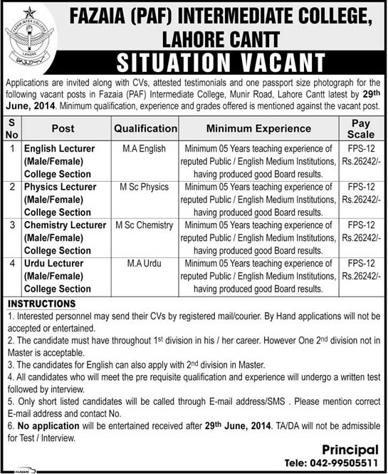 Fazaia Inter College Lahore Jobs 2014 June for Lecturers / Teaching Faculty