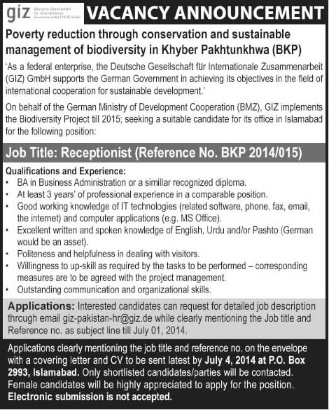 GIZ Pakistan Jobs 2014 June Latest for Receptionist