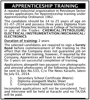 Apprenticeship Training in Karachi 2014 June for DAE Diploma Holders