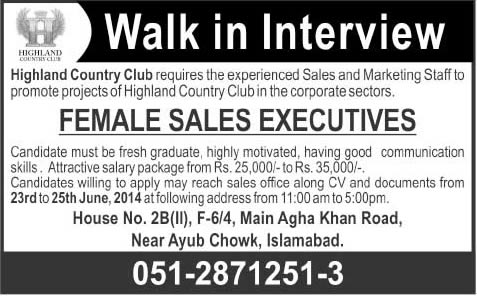 Female Sales Executive Jobs in Islamabad 2014 June at Highland Country Club for Fresh Graduates
