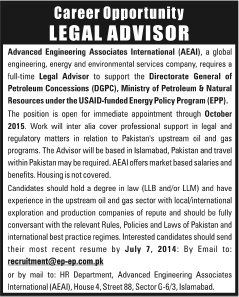 Legal Advisor Jobs in Islamabad 2014 June Advanced Engineering Associates International