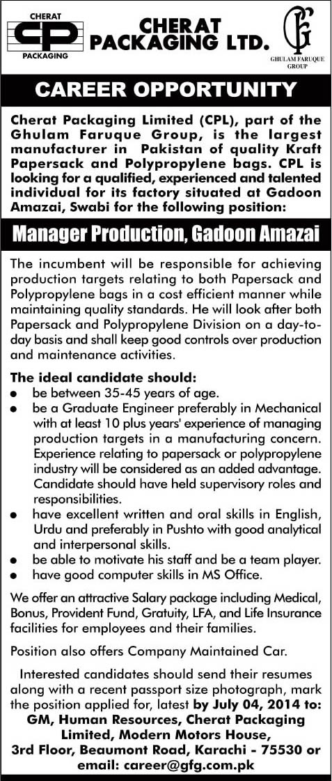 Production Manager Jobs in Swabi KPK 2014 June at Cherat Packaging Limited