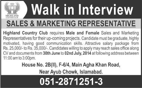 Highland Country Club Islamabad Jobs 2014 June / July for Sales & Marketing Representative
