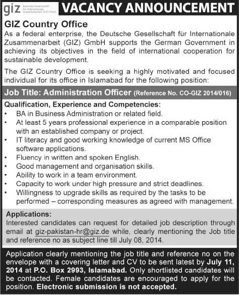 GIZ Pakistan Jobs June 2014 July for Administration Officer