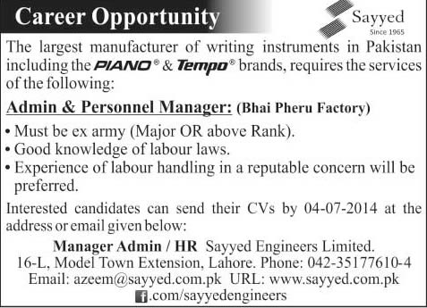 Sayyed Engineers Ltd Jobs 2014 June / July for Admin & Personnel Manager