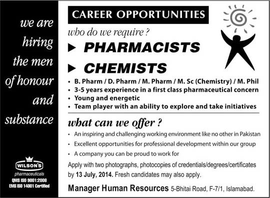 Wilson Pharmaceuticals Islamabad Jobs 2014 June / July for Pharmacists & Chemists