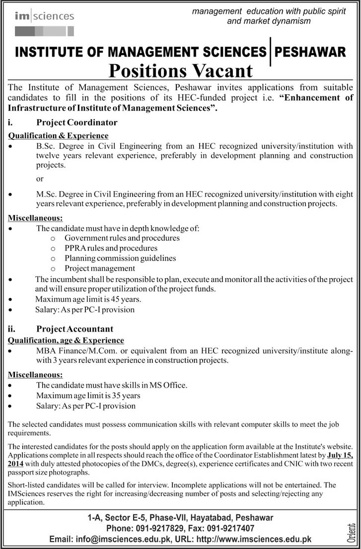 IMSciences Peshawar Jobs 2014 June / July for Project Coordinator / Accountant