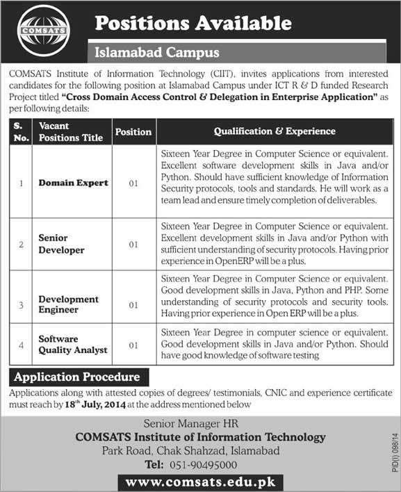 COMSATS Islamabad Jobs July 2014 for ICT R&D Funded Research Project