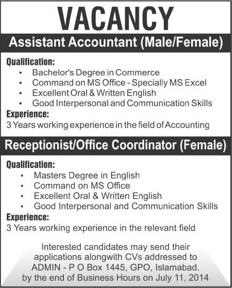 PO Box 1445 GPO Islamabad Jobs 2014 July for Assistant Accountant & Receptionist