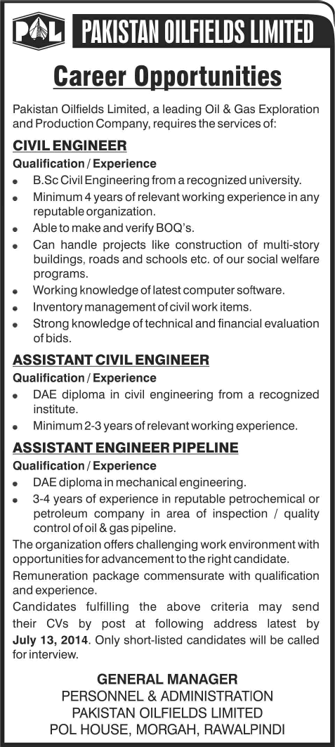 Pakistan Oilfields Limited Jobs 2014 July for Civil / Mechanical Engineers