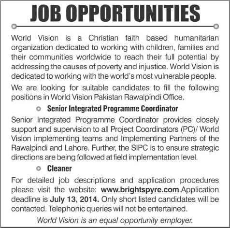 World Vision Pakistan Jobs 2014 July for Senior Integrated Coordinator & Cleaner