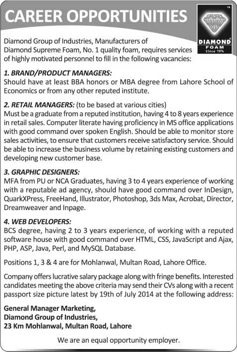 Diamond Group of Industries Jobs in Lahore 2014 July for brand / Retail Manager, Graphic Designer & Web Developers