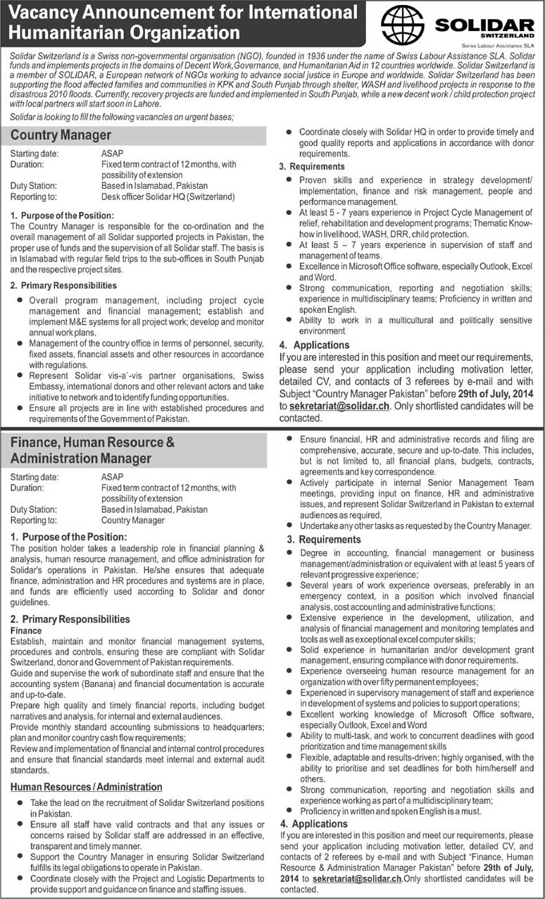 Solidar Switzerland Pakistan Jobs 2014 July for Country Manager & Finance / HR / Administration Manager