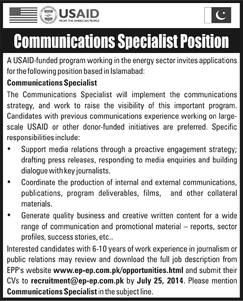 USAID Pakistan Jobs 2014 July for Communications Specialist in Energy Policy Program
