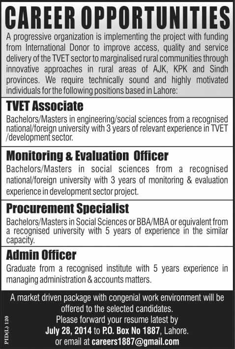 PO Box 1887 Lahore Jobs 2014 July for TVET Sector