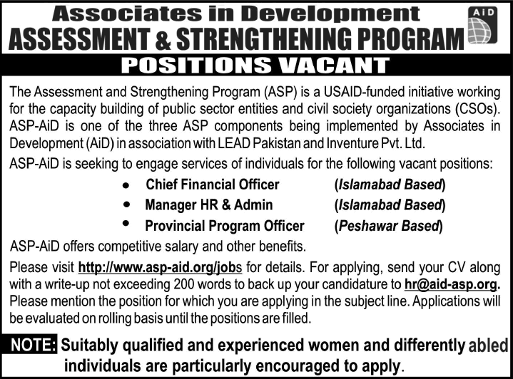 Finance Officer, HR Manager & Program Officer Jobs in Islamabad / Peshawar 2014 July at AID