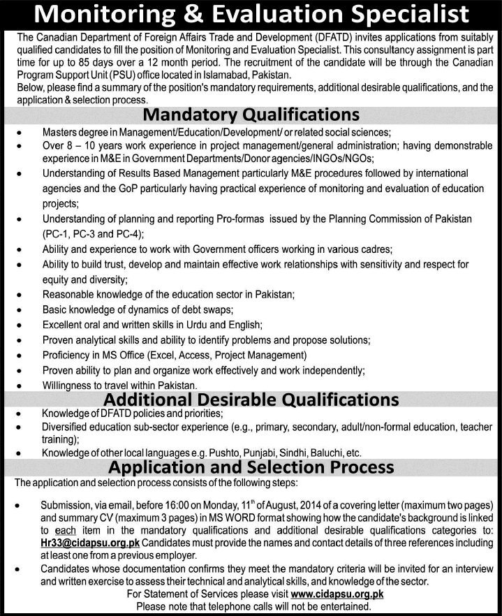 Monitoring & Evaluation Specialist Jobs in Islamabad 2014 August Canadian Department of Foreign Affairs Trade & Development