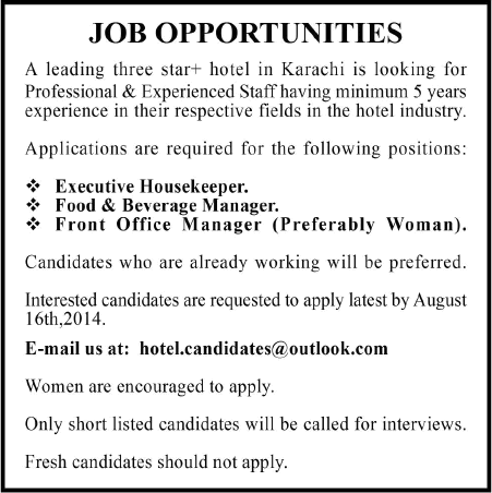 Executive Housekeeper and Food & Beverage / Front Office Manager Jobs in Karachi 2014 August